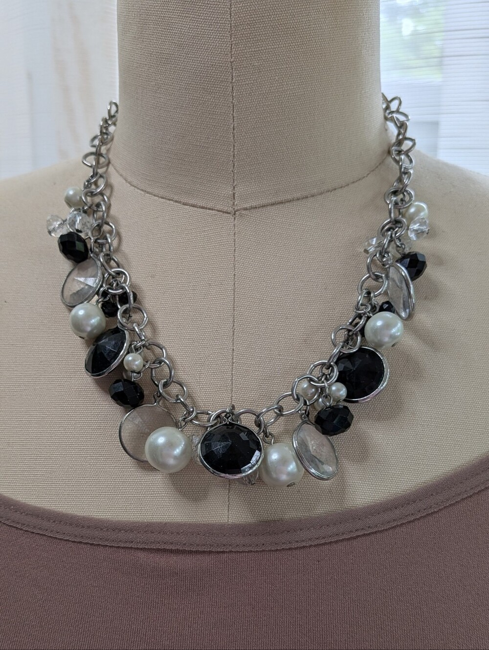 RSVP Chunky Silver Charm Necklace Black Rhinestone Faux Pearl Cluster Bib